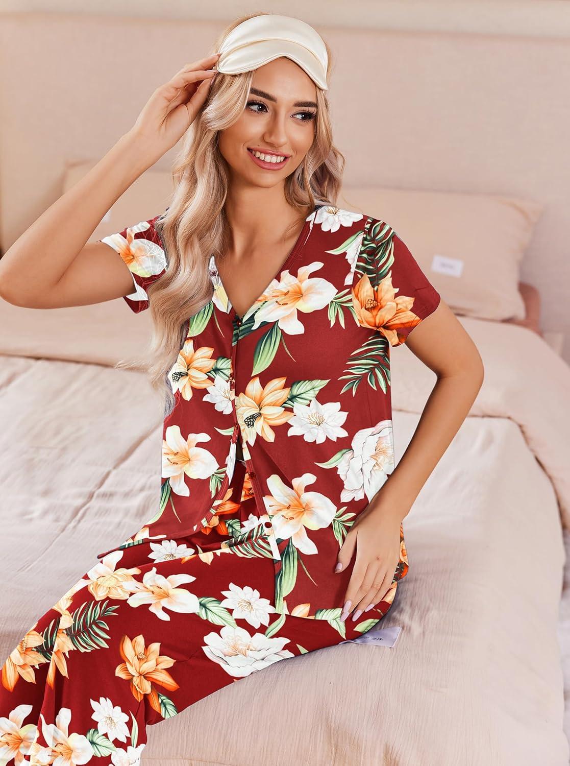 imageEkouaer Womens Pajama Sets Short Sleeve Sleepwear Button Up Pj Loungewear Top and Capri Pants with PocketsRed Floral