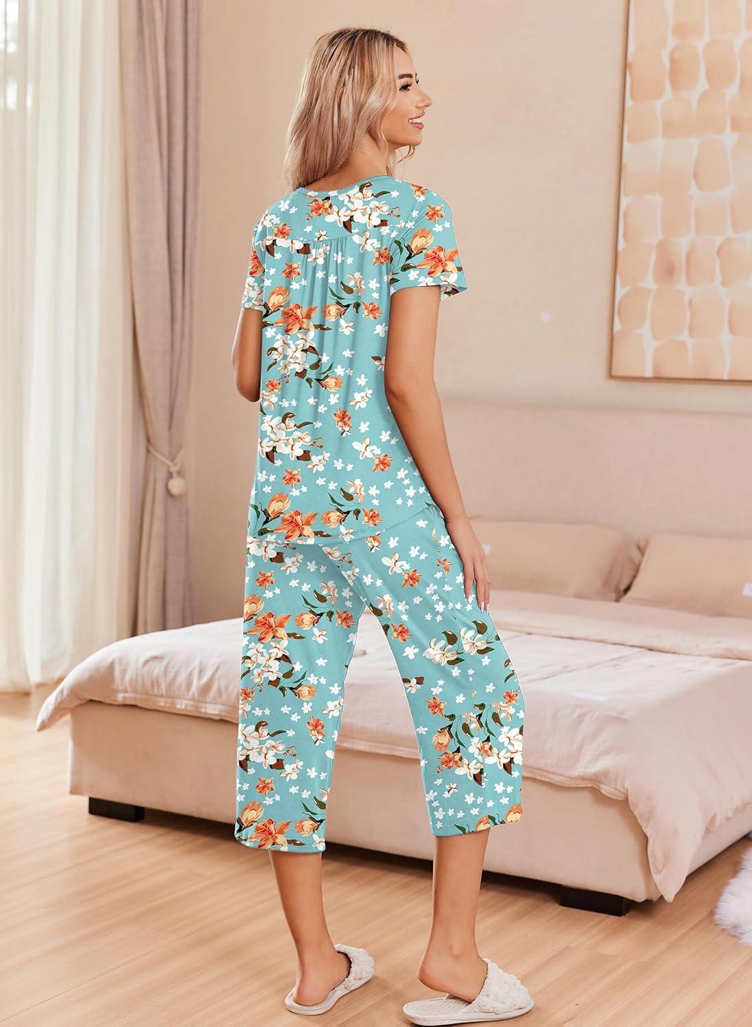 imageEkouaer Womens Pajama Sets Short Sleeve Sleepwear Button Up Pj Loungewear Top and Capri Pants with PocketsTurquoise Floral
