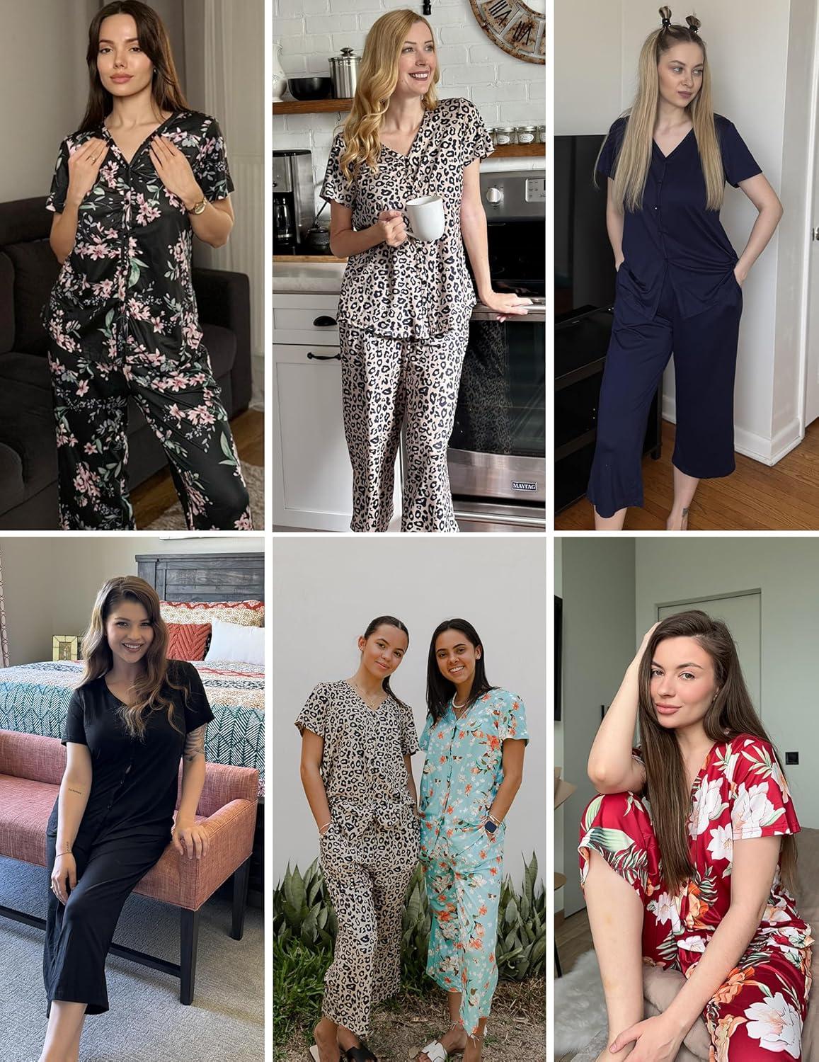 imageEkouaer Womens Pajama Sets Short Sleeve Sleepwear Button Up Pj Loungewear Top and Capri Pants with PocketsTurquoise Floral