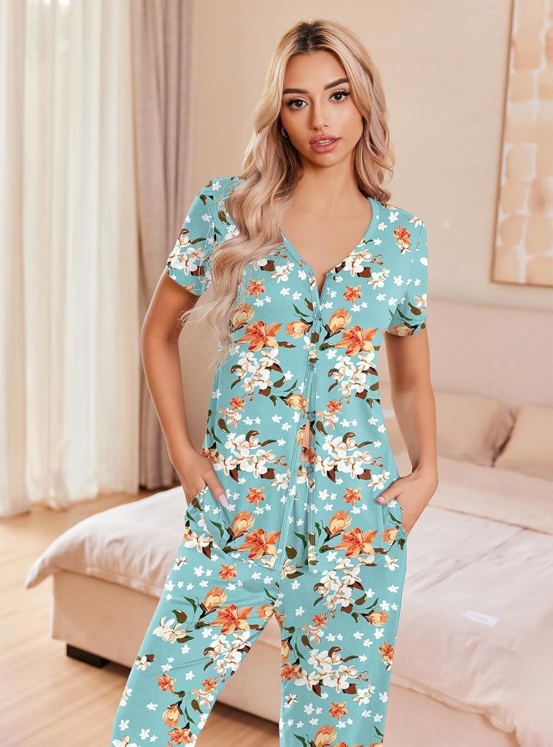 imageEkouaer Womens Pajama Sets Short Sleeve Sleepwear Button Up Pj Loungewear Top and Capri Pants with PocketsTurquoise Floral