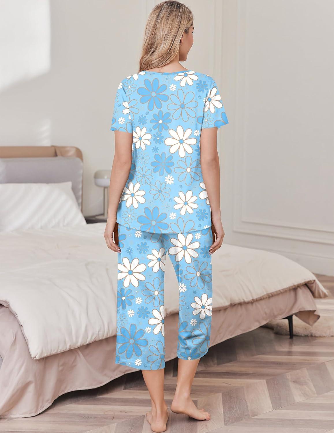 imageEkouaer Womens Pajama Sets Soft Cotton Pj Short Sleeve Top with Capri Pants Sleepwear 2 Piece Print LoungewearSXXLBlue Flower