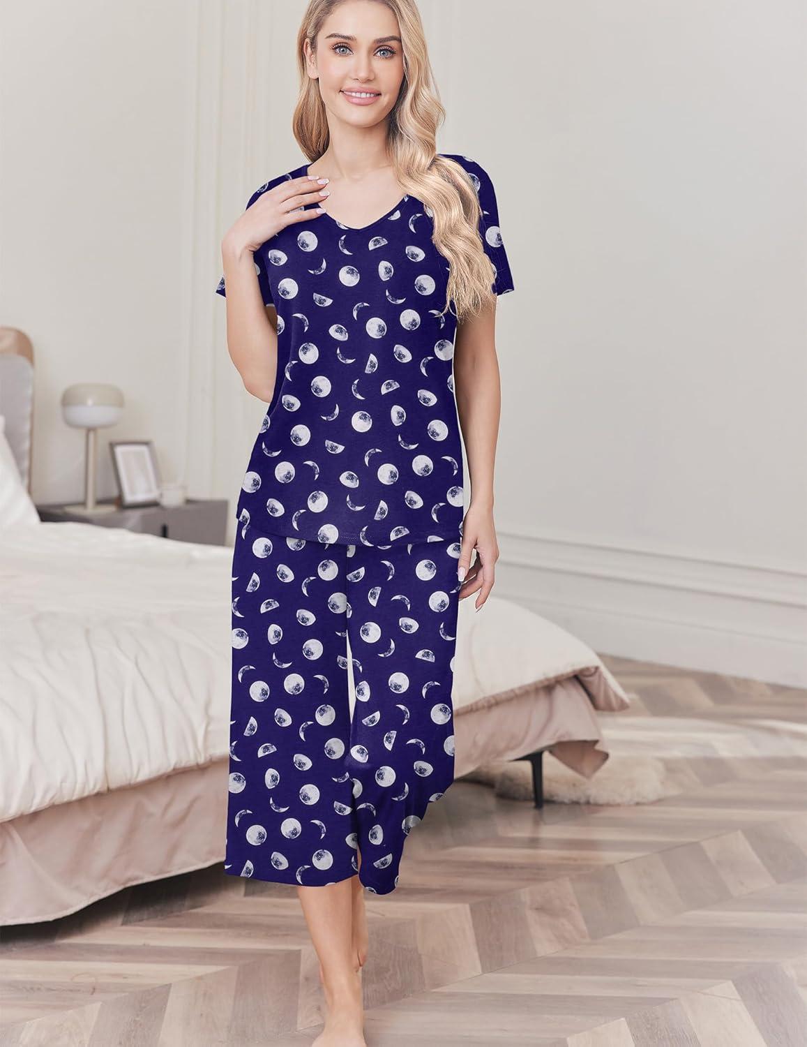 imageEkouaer Womens Pajama Sets Soft Cotton Pj Short Sleeve Top with Capri Pants Sleepwear 2 Piece Print LoungewearSXXLBlue Moon