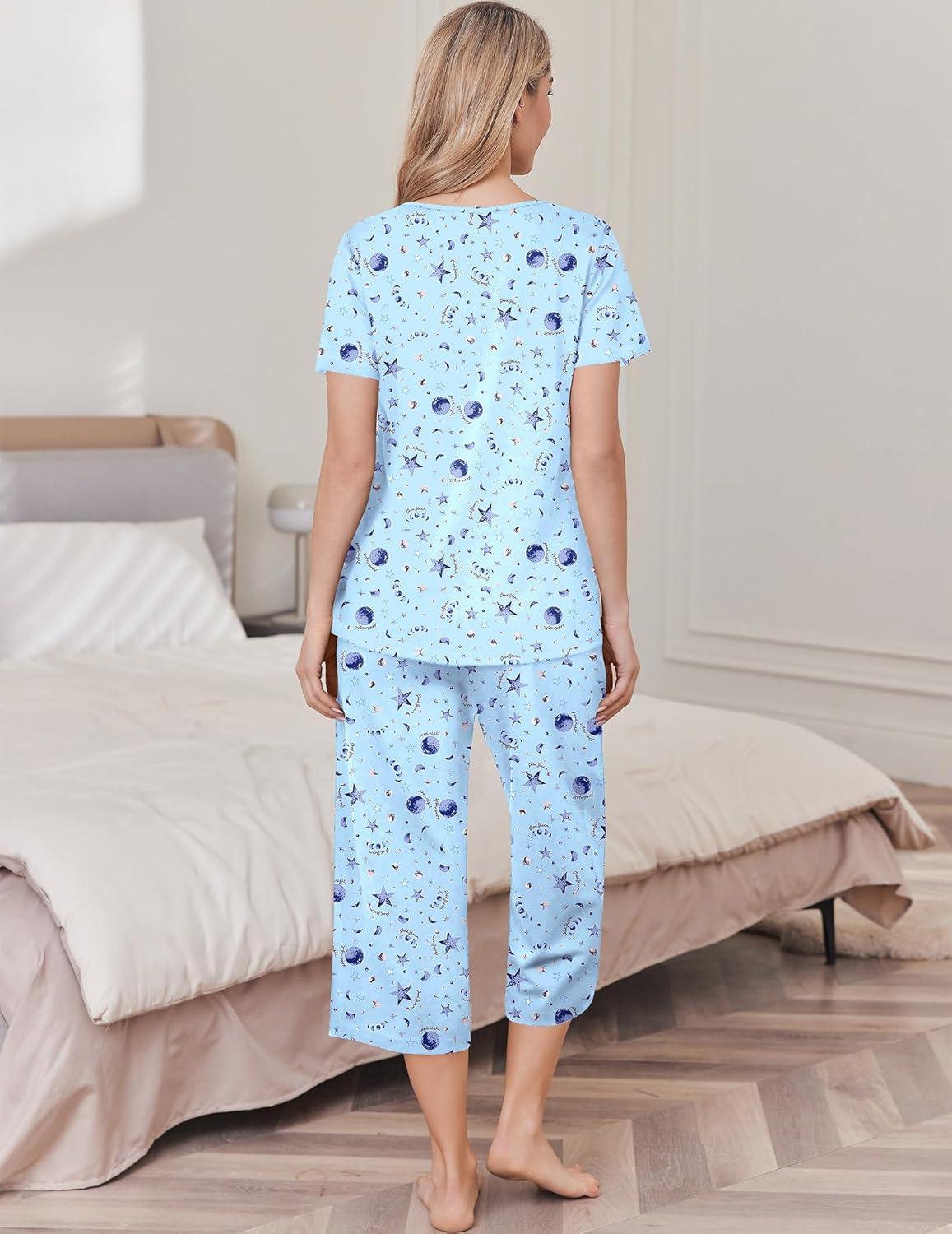imageEkouaer Womens Pajama Sets Soft Cotton Pj Short Sleeve Top with Capri Pants Sleepwear 2 Piece Print LoungewearSXXLBlue Star