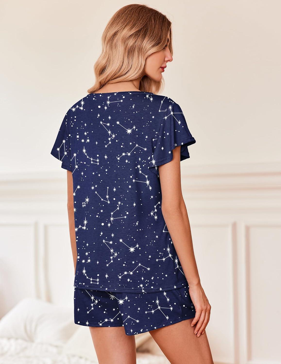 imageEkouaer Womens Pajamas Set Ruffle Sleeves Sleepwear V Neck Comfy 2 Piece Pjs Loungewear Set with Pockets SXXLConstellation