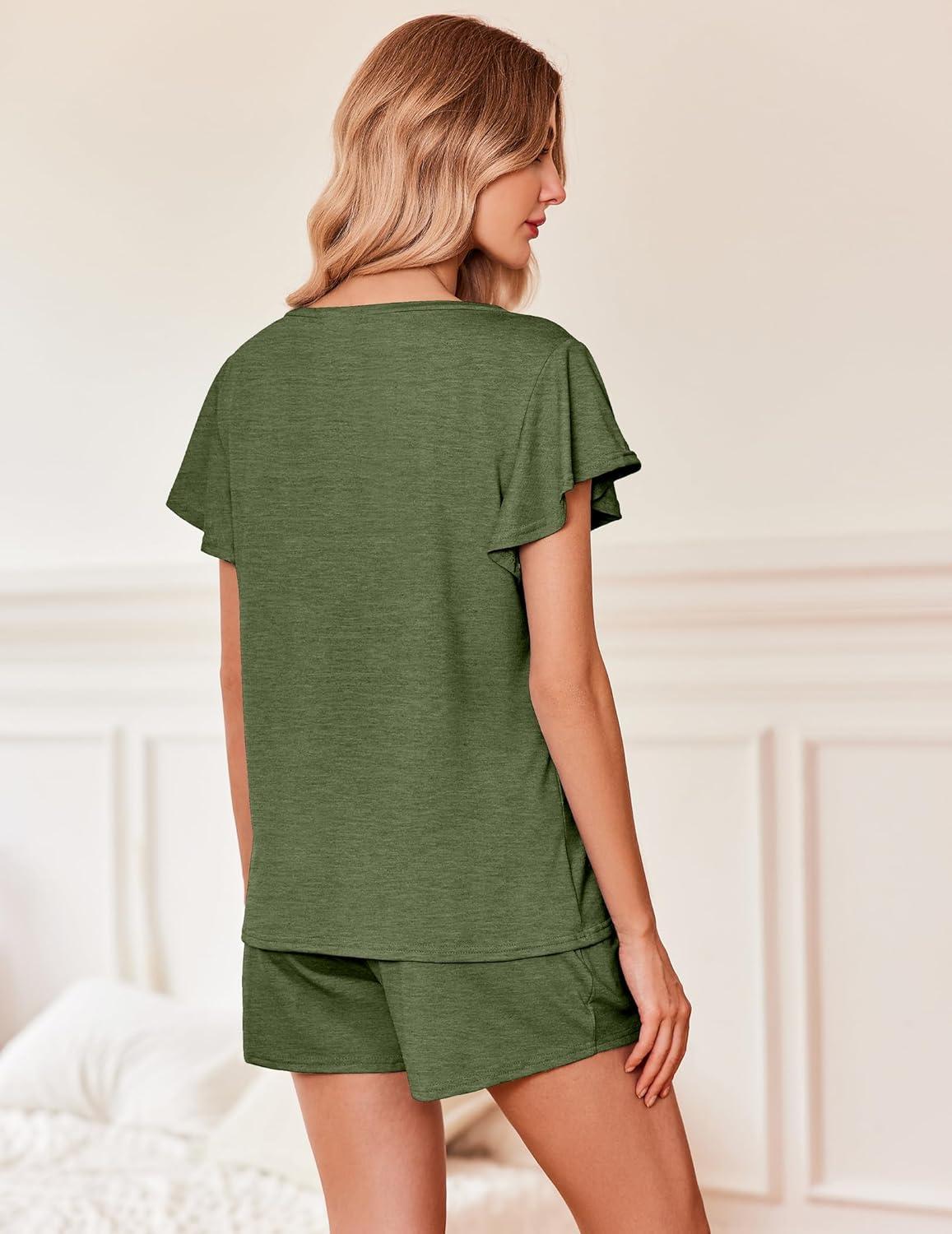 imageEkouaer Womens Pajamas Set Ruffle Sleeves Sleepwear V Neck Comfy 2 Piece Pjs Loungewear Set with Pockets SXXLDark Olive Green