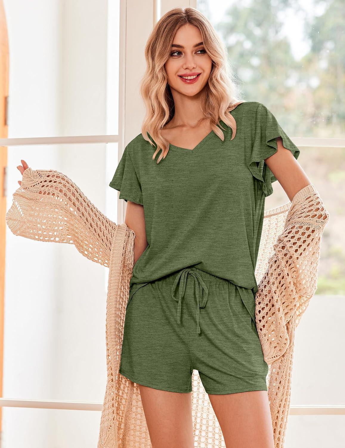 imageEkouaer Womens Pajamas Set Ruffle Sleeves Sleepwear V Neck Comfy 2 Piece Pjs Loungewear Set with Pockets SXXLDark Olive Green