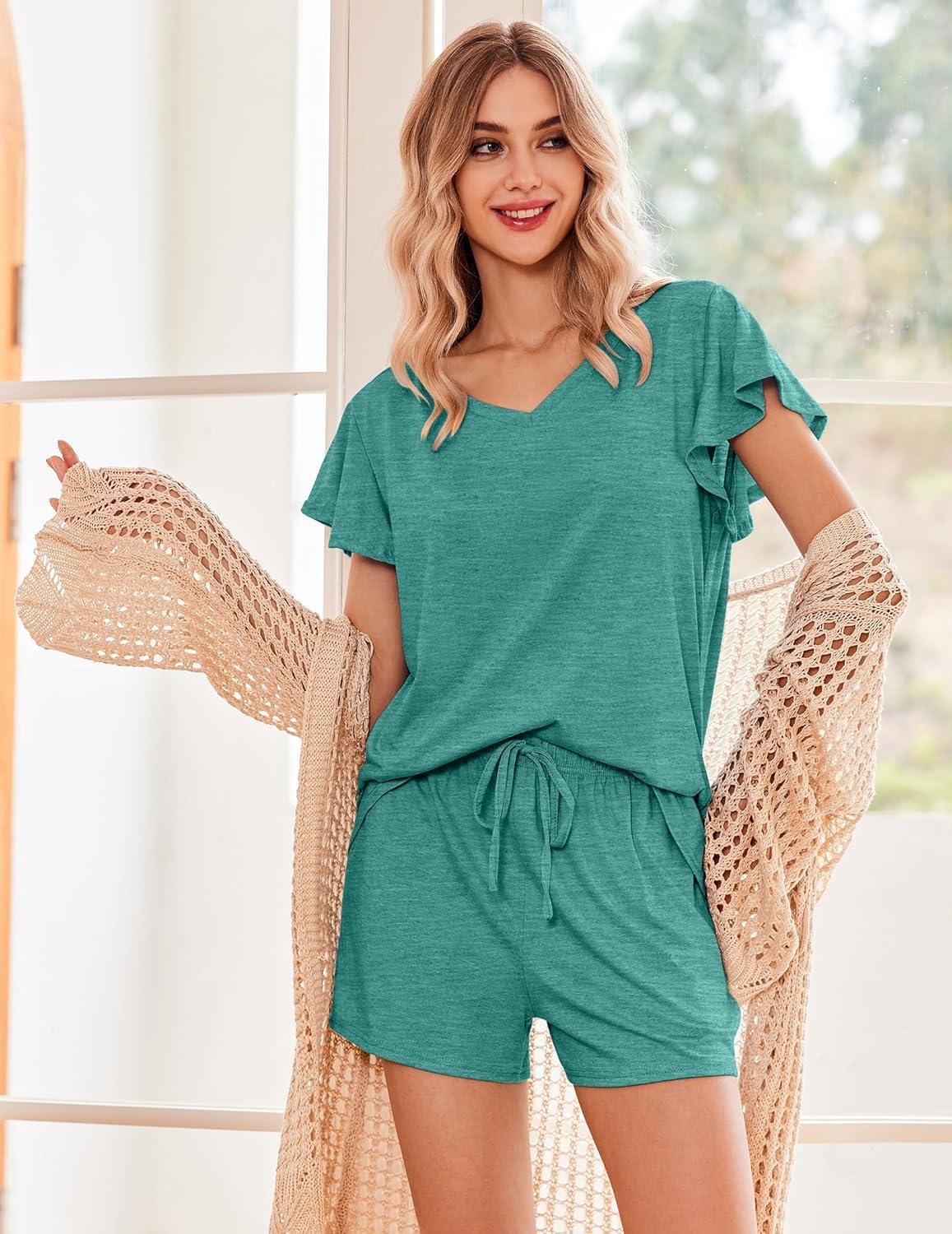 imageEkouaer Womens Pajamas Set Ruffle Sleeves Sleepwear V Neck Comfy 2 Piece Pjs Loungewear Set with Pockets SXXLGray Green