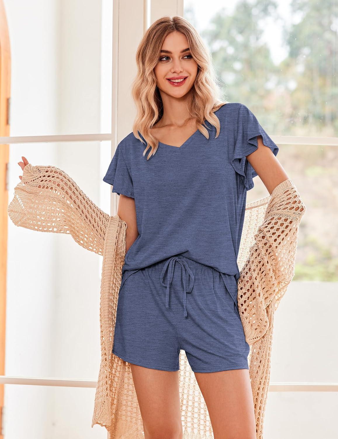 imageEkouaer Womens Pajamas Set Ruffle Sleeves Sleepwear V Neck Comfy 2 Piece Pjs Loungewear Set with Pockets SXXLNavy Blue