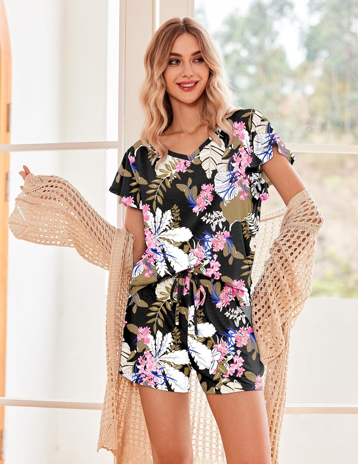 imageEkouaer Womens Pajamas Set Ruffle Sleeves Sleepwear V Neck Comfy 2 Piece Pjs Loungewear Set with Pockets SXXLNavy Florals