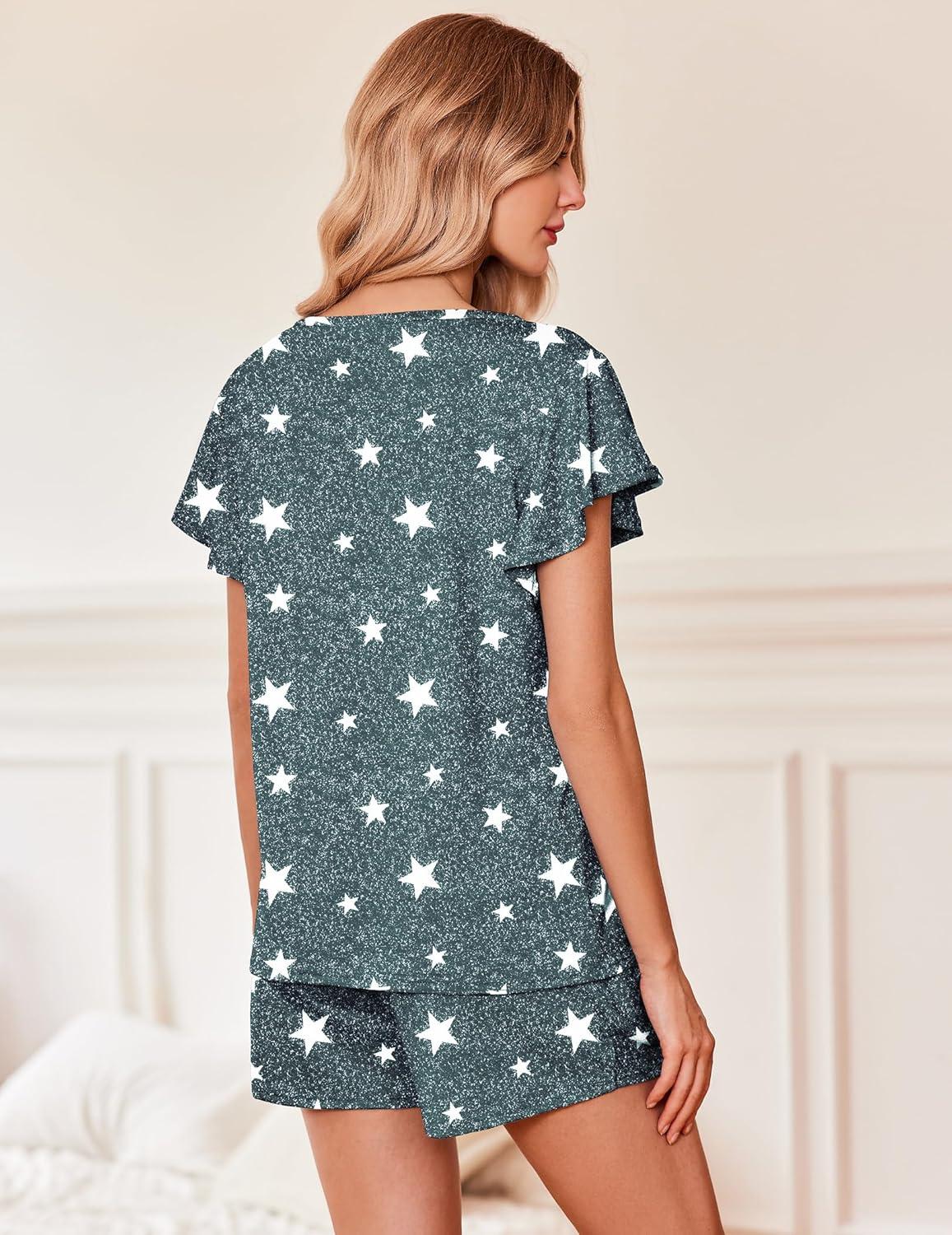 imageEkouaer Womens Pajamas Set Ruffle Sleeves Sleepwear V Neck Comfy 2 Piece Pjs Loungewear Set with Pockets SXXLStar