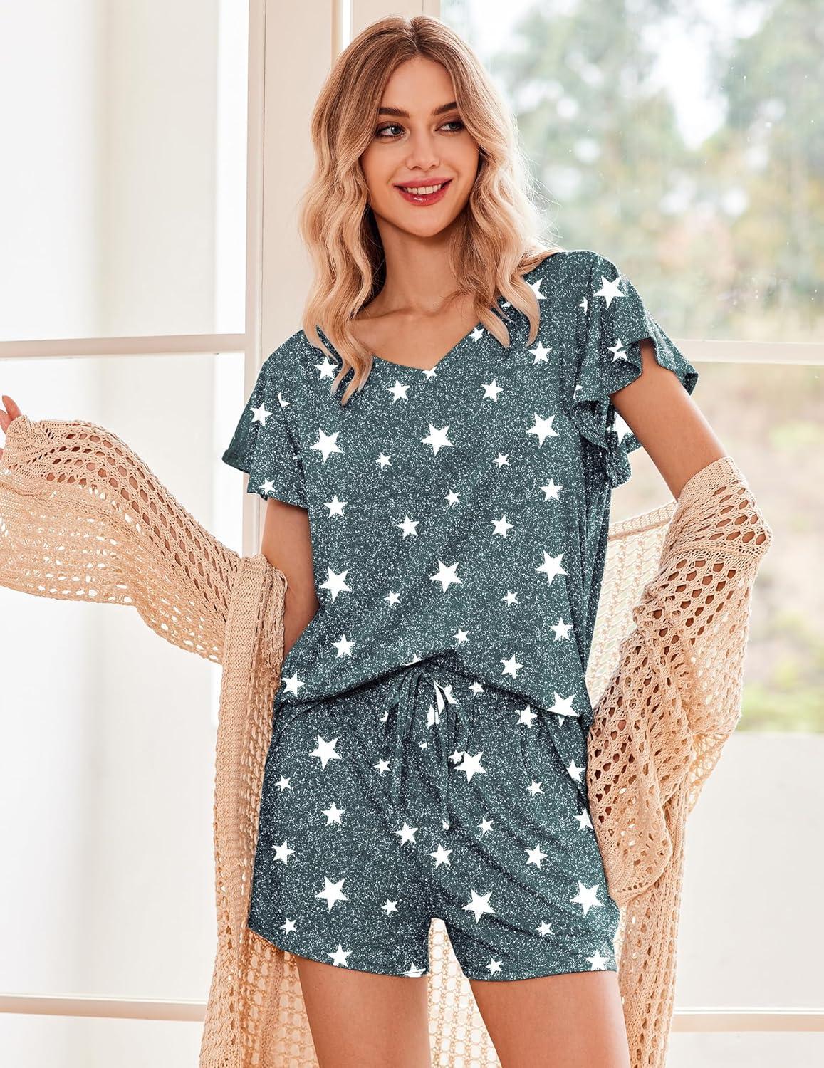 imageEkouaer Womens Pajamas Set Ruffle Sleeves Sleepwear V Neck Comfy 2 Piece Pjs Loungewear Set with Pockets SXXLStar