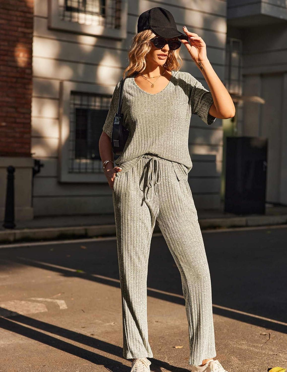 imageEkouaer Womens Ribbed Knit Lounge Set Short Sleeve Top and Long Pants Sleepwear Pajama Set Two Piece Matching Outfits SetKhaki