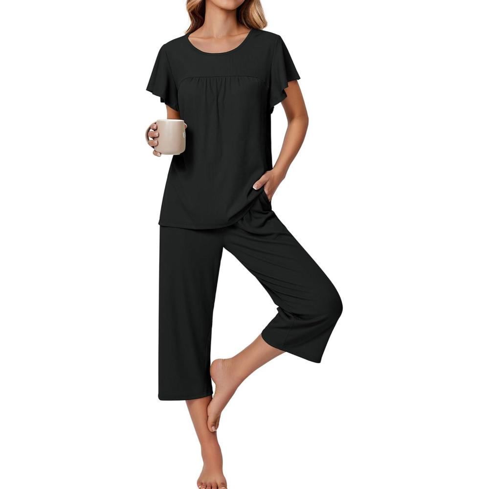 imageEkouaer Capri Pajamas for Women Set Short Sleeve Lounge Set Soft Sleepwear Pullover Top and PantsBlack