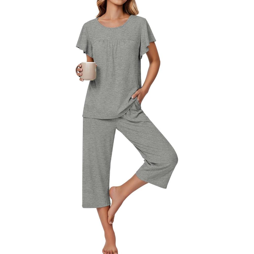 imageEkouaer Capri Pajamas for Women Set Short Sleeve Lounge Set Soft Sleepwear Pullover Top and PantsGrey