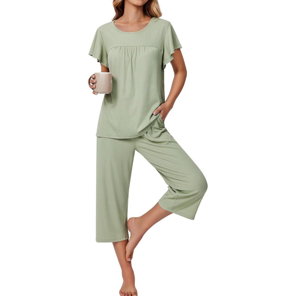imageEkouaer Capri Pajamas for Women Set Short Sleeve Lounge Set Soft Sleepwear Pullover Top and PantsIce Green