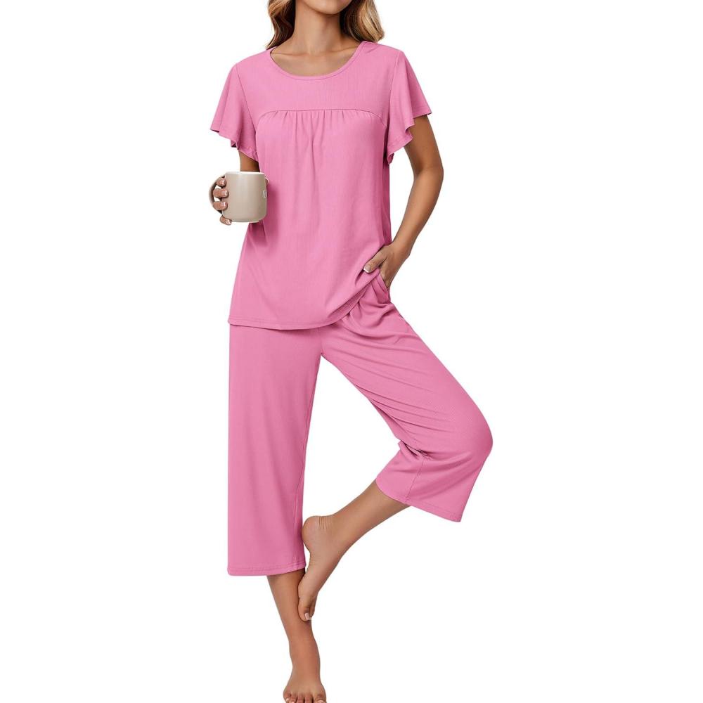 imageEkouaer Capri Pajamas for Women Set Short Sleeve Lounge Set Soft Sleepwear Pullover Top and PantsPink