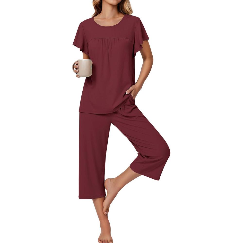 imageEkouaer Capri Pajamas for Women Set Short Sleeve Lounge Set Soft Sleepwear Pullover Top and PantsWine Red