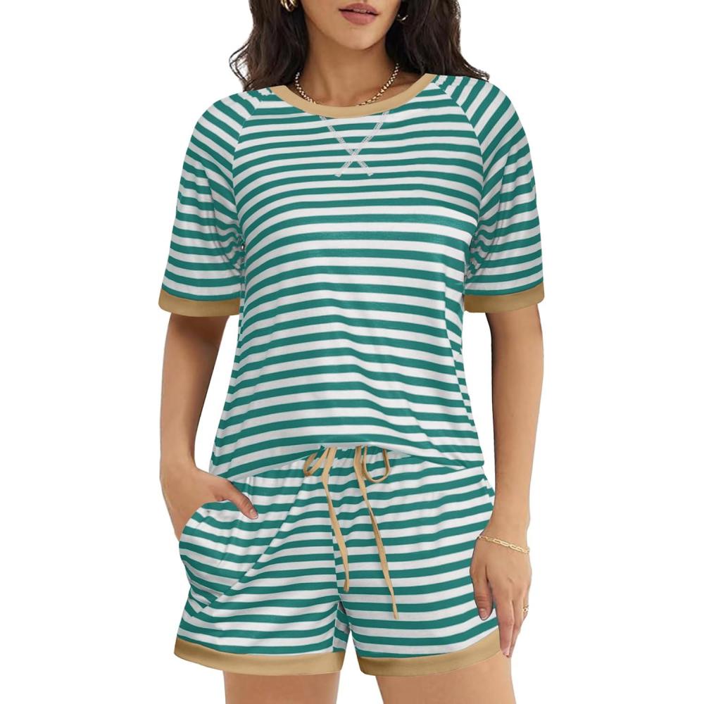 imageEkouaer Pajamas for Women Short Sleeve Pjs Sets Crewneck Striped Tops and Shorts 2 Piece Lounge Sets with Pockets SXXLGreen White Stripe
