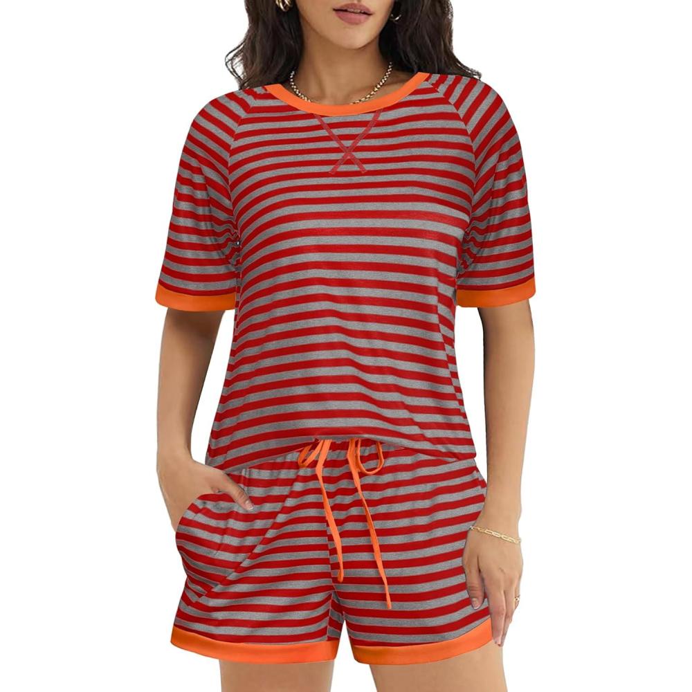 imageEkouaer Pajamas for Women Short Sleeve Pjs Sets Crewneck Striped Tops and Shorts 2 Piece Lounge Sets with Pockets SXXLGrey Red Stripe