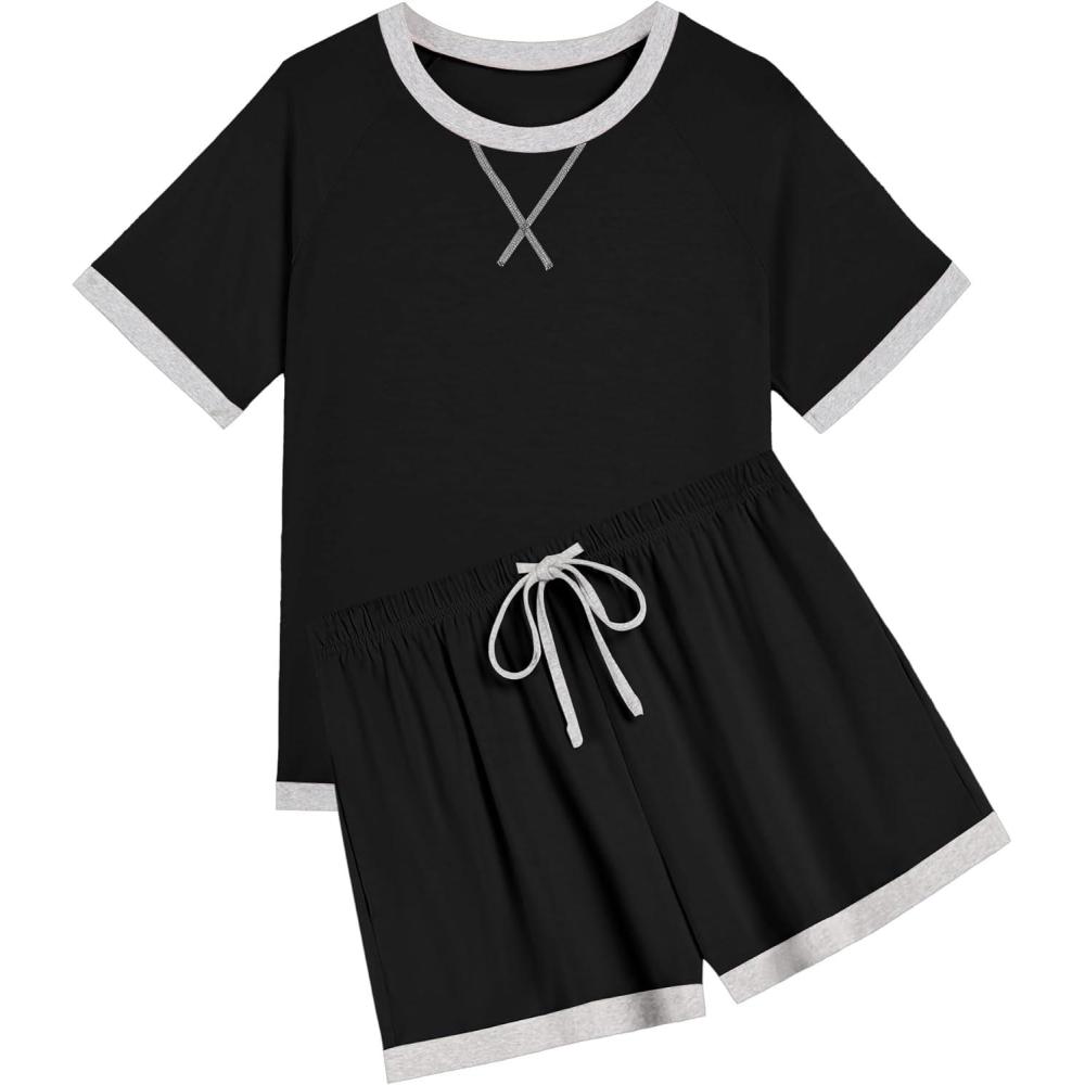 imageEkouaer Pajamas for Women Short Sleeve Pjs Sets Crewneck Striped Tops and Shorts 2 Piece Lounge Sets with Pockets SXXLSolidblack