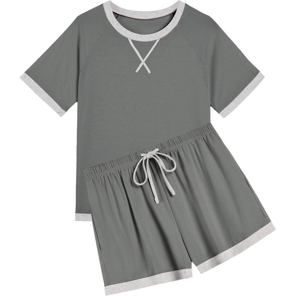 imageEkouaer Pajamas for Women Short Sleeve Pjs Sets Crewneck Striped Tops and Shorts 2 Piece Lounge Sets with Pockets SXXLSoliddark Grey