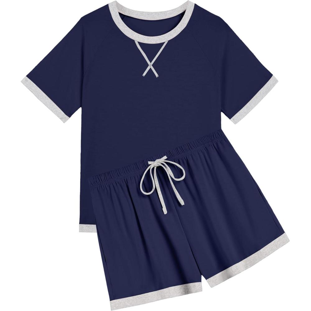 imageEkouaer Pajamas for Women Short Sleeve Pjs Sets Crewneck Striped Tops and Shorts 2 Piece Lounge Sets with Pockets SXXLSolidnavy Blue