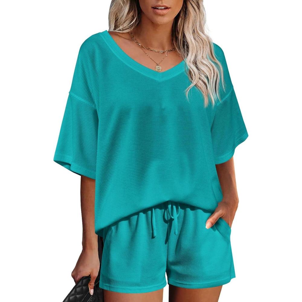 imageEkouaer Womens 2 Piece Short Sleeve Waffle Knit V Neck Off Shoulder Casual Loose Fit Sweatsuit OutfitsGreen