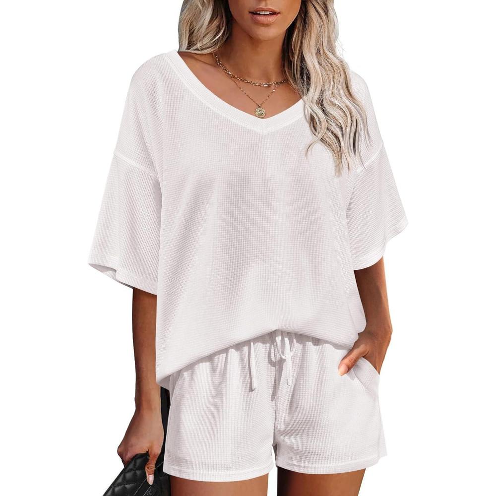 imageEkouaer Womens 2 Piece Short Sleeve Waffle Knit V Neck Off Shoulder Casual Loose Fit Sweatsuit OutfitsWhite