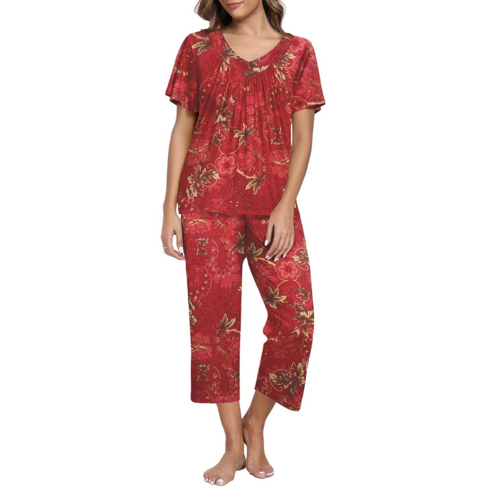 imageEkouaer Womens Capri Pajama Set Short Sleeve Top and Pants 2 Piece Sleepwear Floral Print Ladies Pjs Sets
