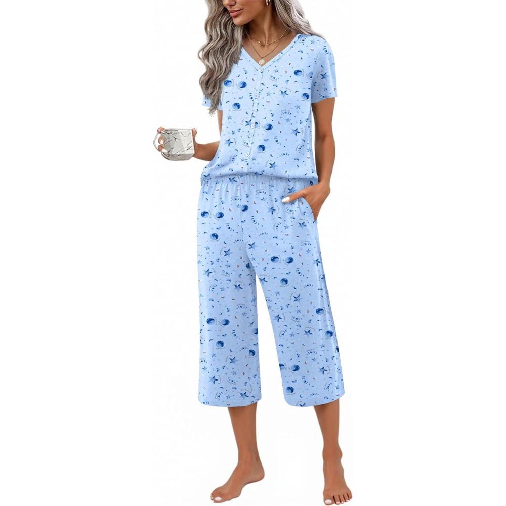 imageEkouaer Womens Pajama Sets Short Sleeve Sleepwear Button Up Pj Loungewear Top and Capri Pants with PocketsBlue Star