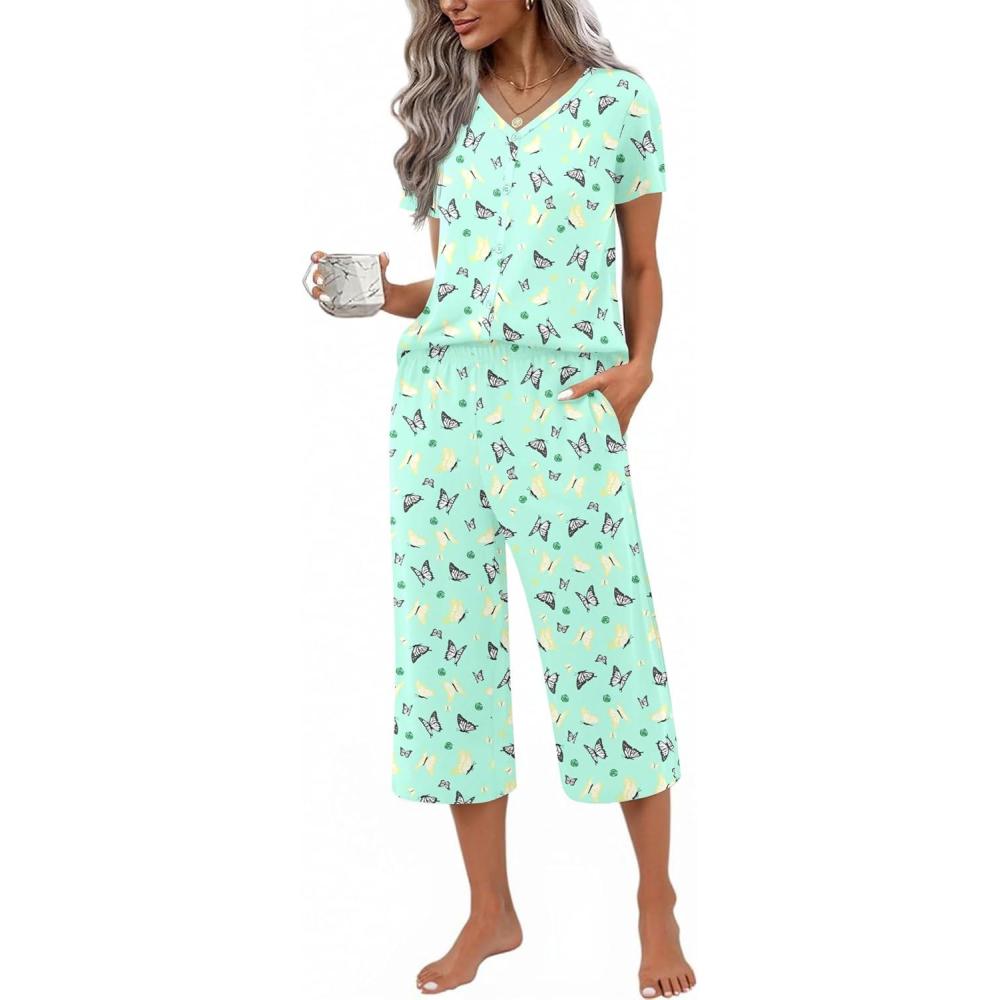 imageEkouaer Womens Pajama Sets Short Sleeve Sleepwear Button Up Pj Loungewear Top and Capri Pants with PocketsButterfly Green