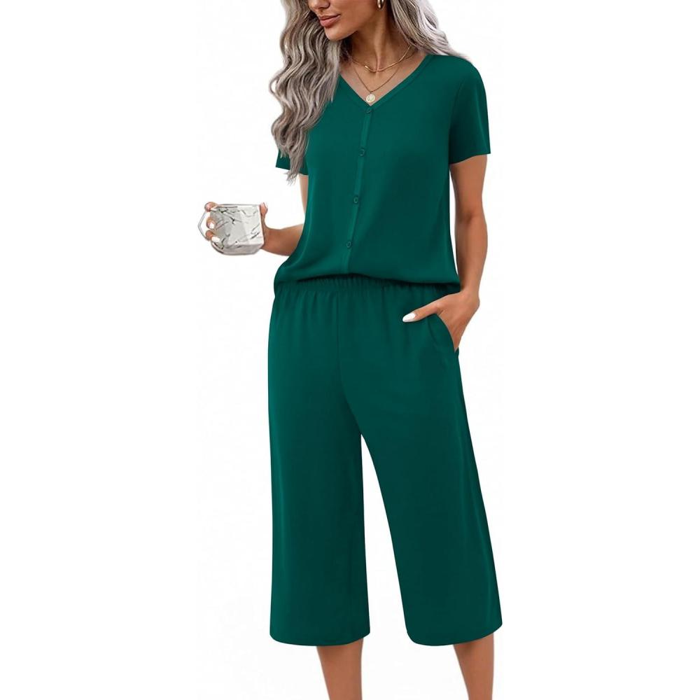 imageEkouaer Womens Pajama Sets Short Sleeve Sleepwear Button Up Pj Loungewear Top and Capri Pants with PocketsDark Green