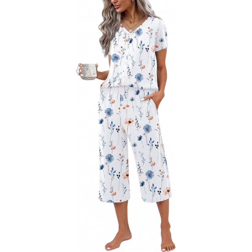 imageEkouaer Womens Pajama Sets Short Sleeve Sleepwear Button Up Pj Loungewear Top and Capri Pants with PocketsFloral White