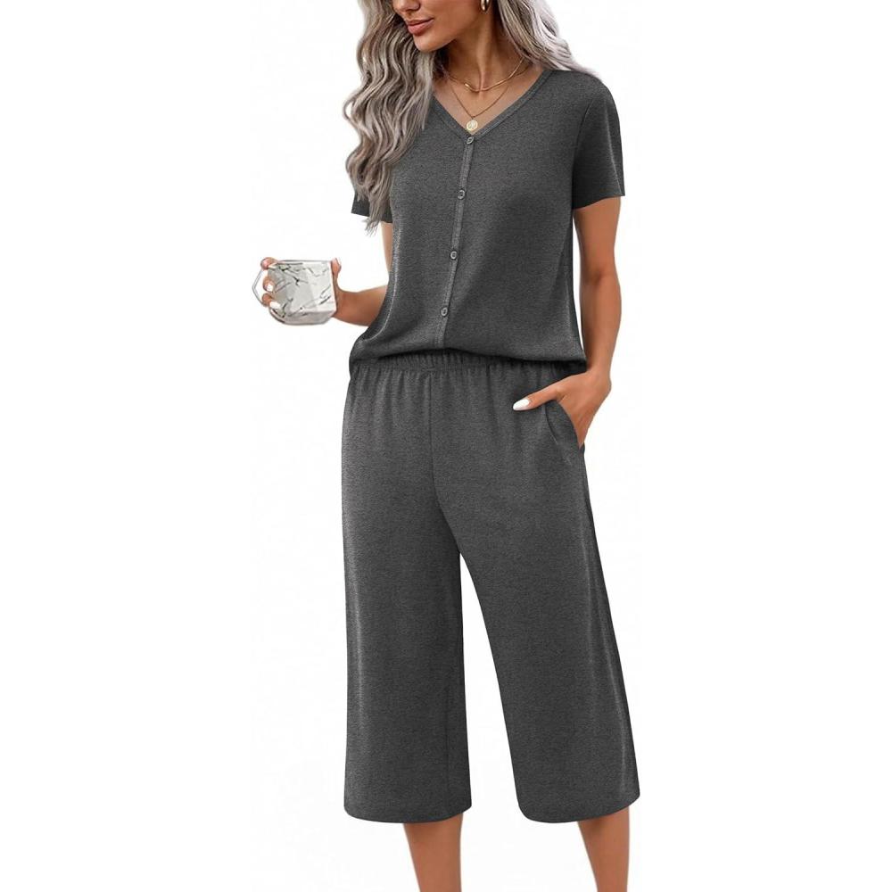 imageEkouaer Womens Pajama Sets Short Sleeve Sleepwear Button Up Pj Loungewear Top and Capri Pants with PocketsGrey