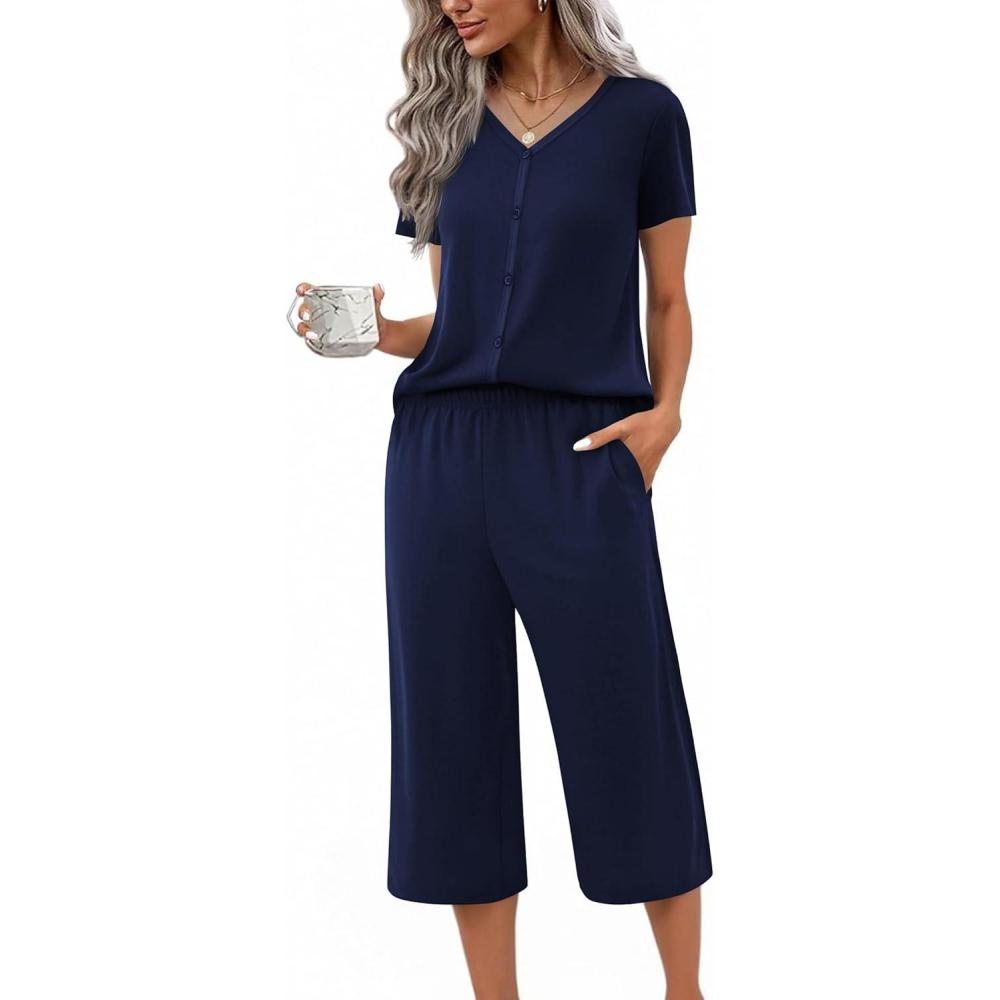 imageEkouaer Womens Pajama Sets Short Sleeve Sleepwear Button Up Pj Loungewear Top and Capri Pants with PocketsNavy Blue