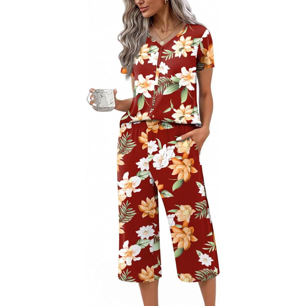 imageEkouaer Womens Pajama Sets Short Sleeve Sleepwear Button Up Pj Loungewear Top and Capri Pants with PocketsRed Floral