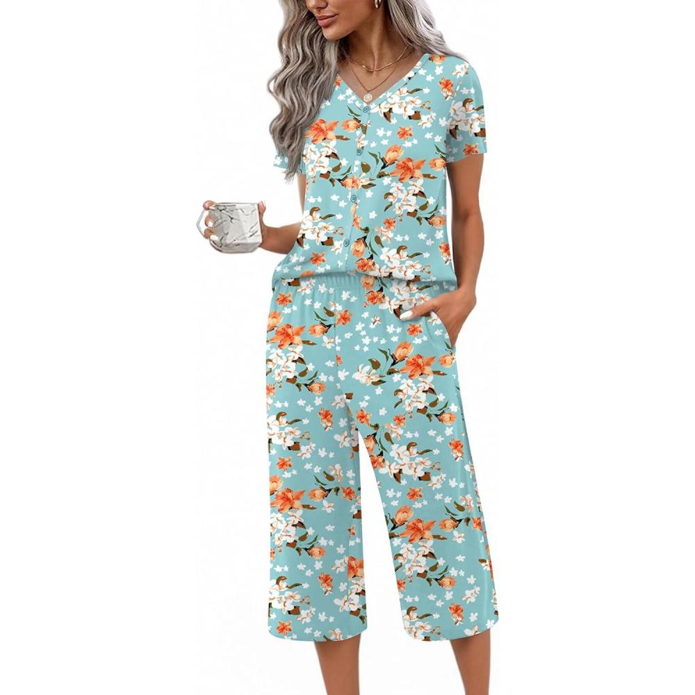 imageEkouaer Womens Pajama Sets Short Sleeve Sleepwear Button Up Pj Loungewear Top and Capri Pants with PocketsTurquoise Floral