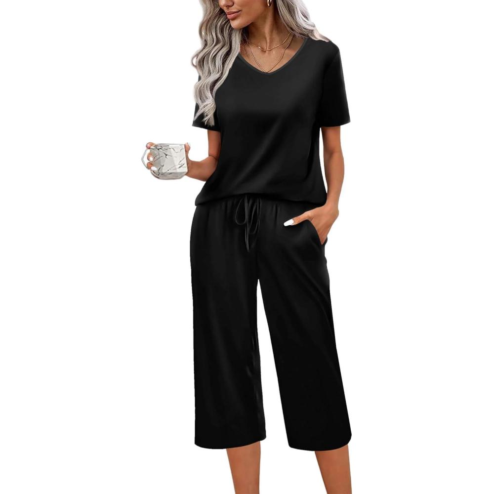 imageEkouaer Womens Pajama Sets Soft Cotton Pj Short Sleeve Top with Capri Pants Sleepwear 2 Piece Print LoungewearSXXLBlack