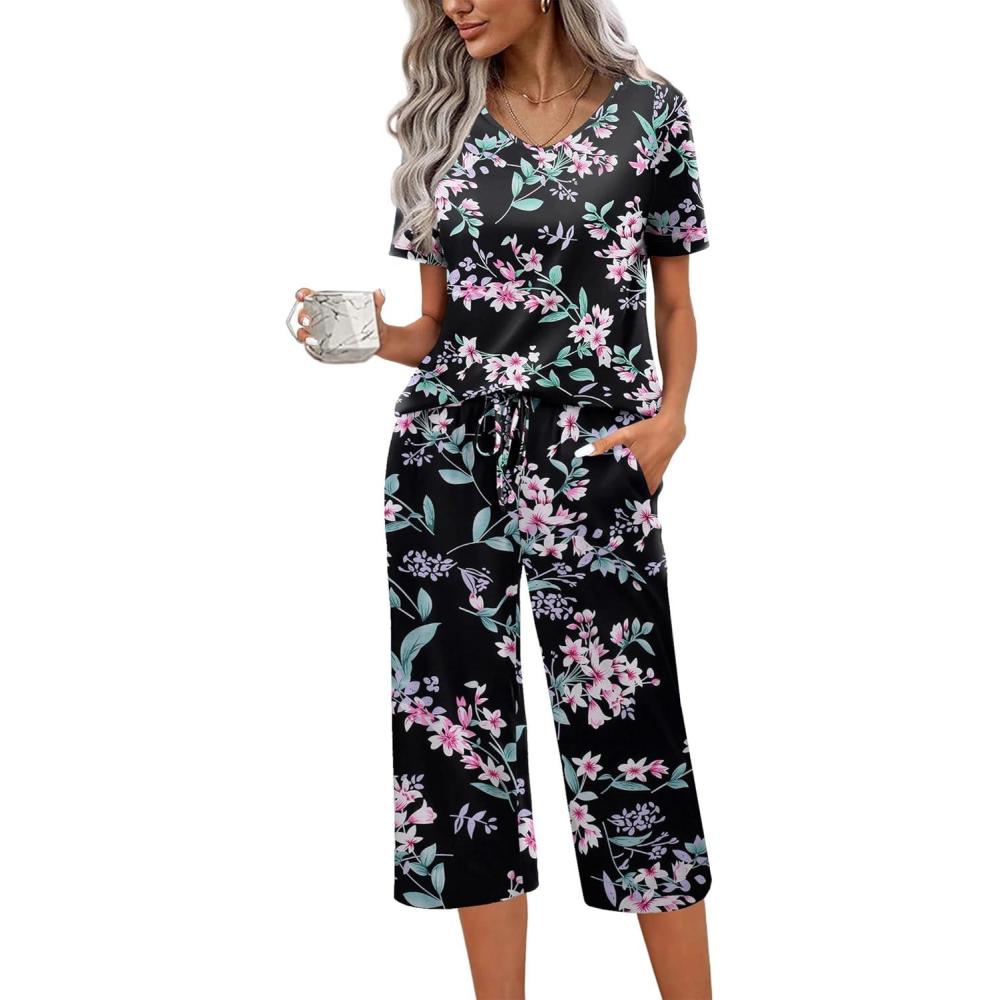 imageEkouaer Womens Pajama Sets Soft Cotton Pj Short Sleeve Top with Capri Pants Sleepwear 2 Piece Print LoungewearSXXLBlack Pink Flower