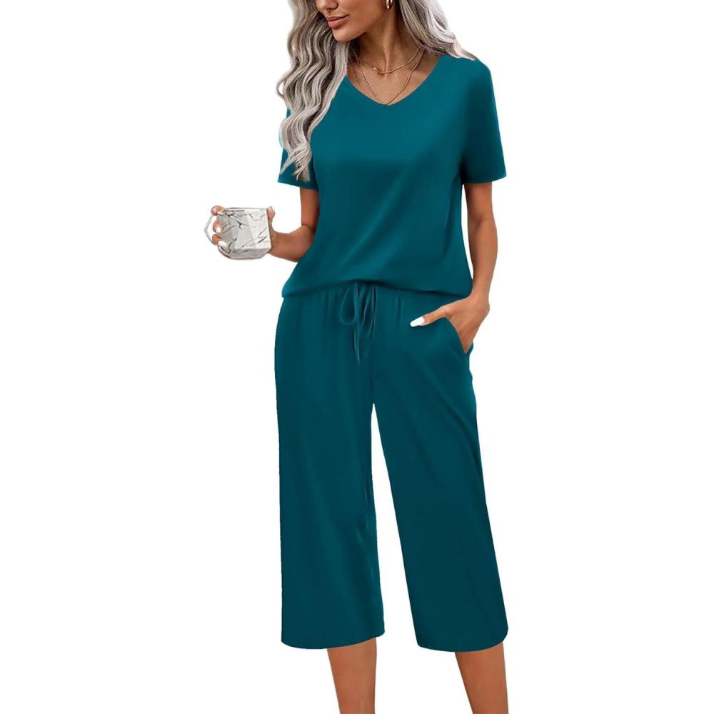 imageEkouaer Womens Pajama Sets Soft Cotton Pj Short Sleeve Top with Capri Pants Sleepwear 2 Piece Print LoungewearSXXLBlue Green