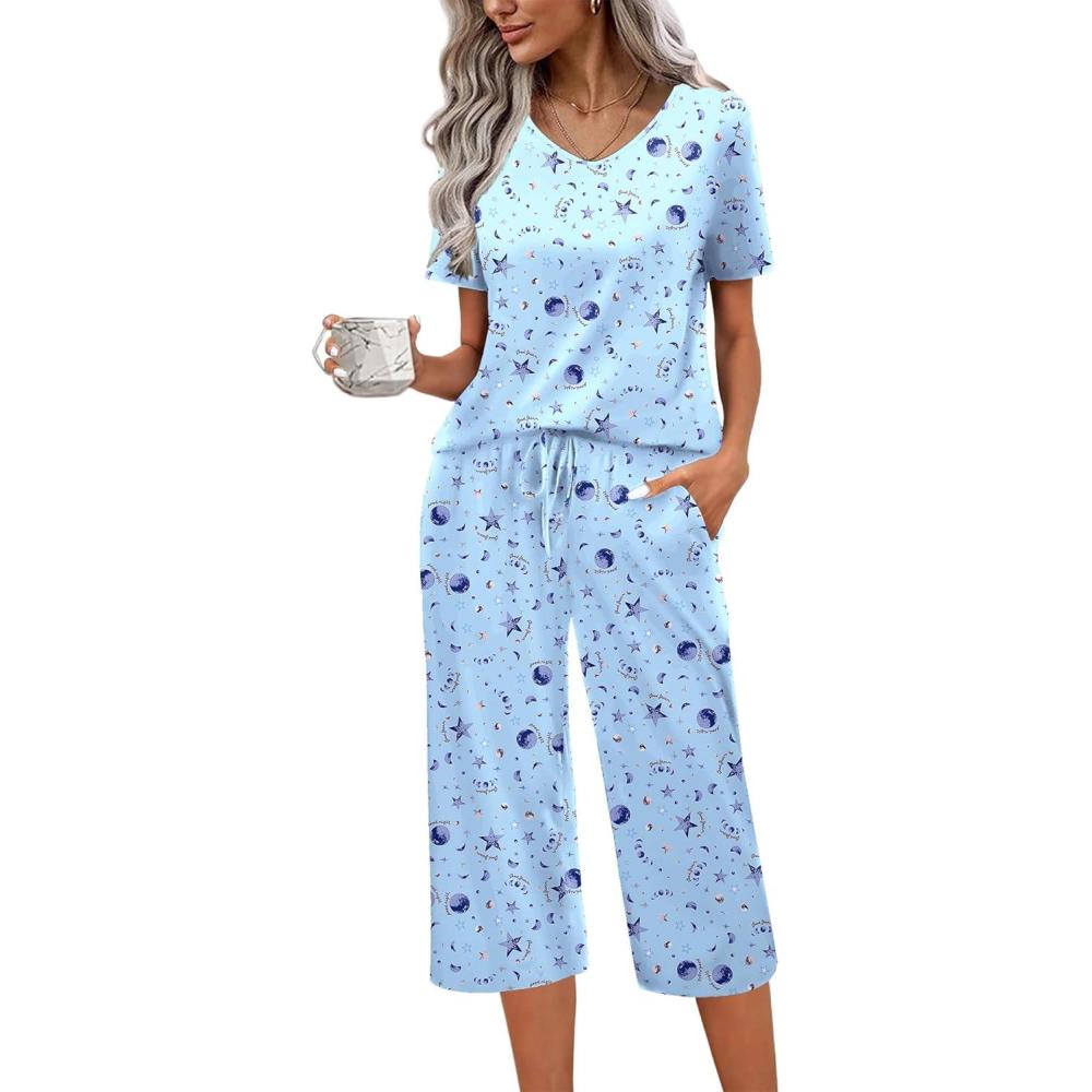 imageEkouaer Womens Pajama Sets Soft Cotton Pj Short Sleeve Top with Capri Pants Sleepwear 2 Piece Print LoungewearSXXLBlue Star