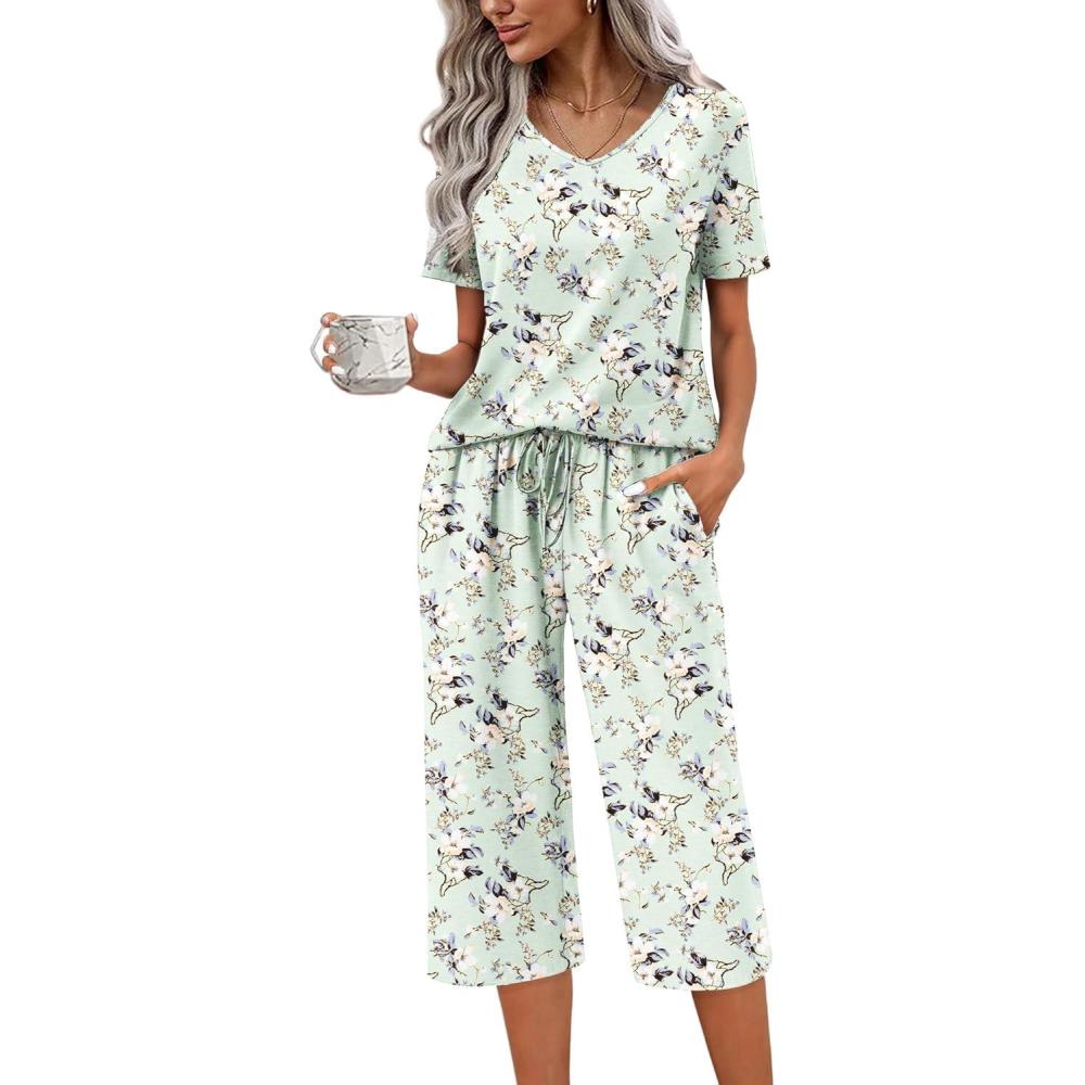imageEkouaer Womens Pajama Sets Soft Cotton Pj Short Sleeve Top with Capri Pants Sleepwear 2 Piece Print LoungewearSXXLGreen Flowers