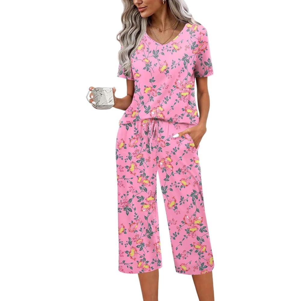 imageEkouaer Womens Pajama Sets Soft Cotton Pj Short Sleeve Top with Capri Pants Sleepwear 2 Piece Print LoungewearSXXLPink Flower