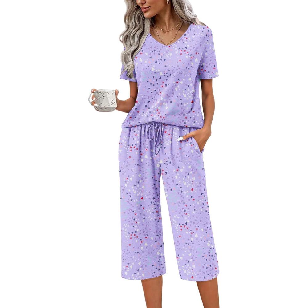 imageEkouaer Womens Pajama Sets Soft Cotton Pj Short Sleeve Top with Capri Pants Sleepwear 2 Piece Print LoungewearSXXLPurple Starry
