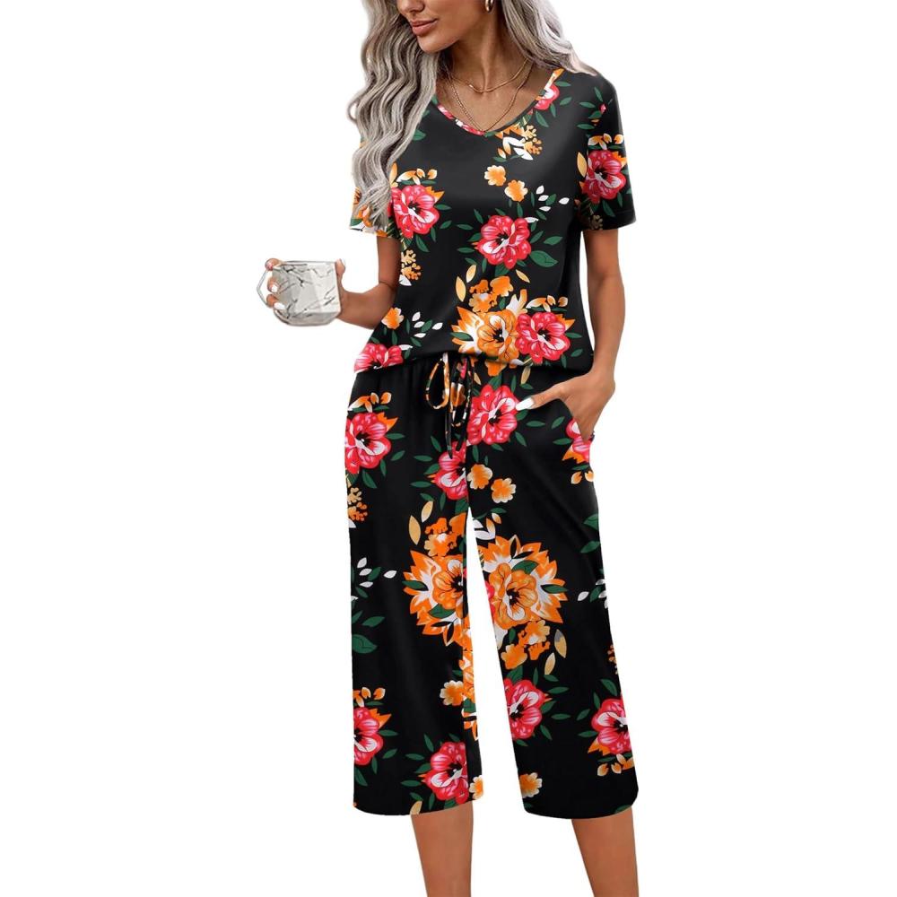 imageEkouaer Womens Pajama Sets Soft Cotton Pj Short Sleeve Top with Capri Pants Sleepwear 2 Piece Print LoungewearSXXLRed Orange Flower