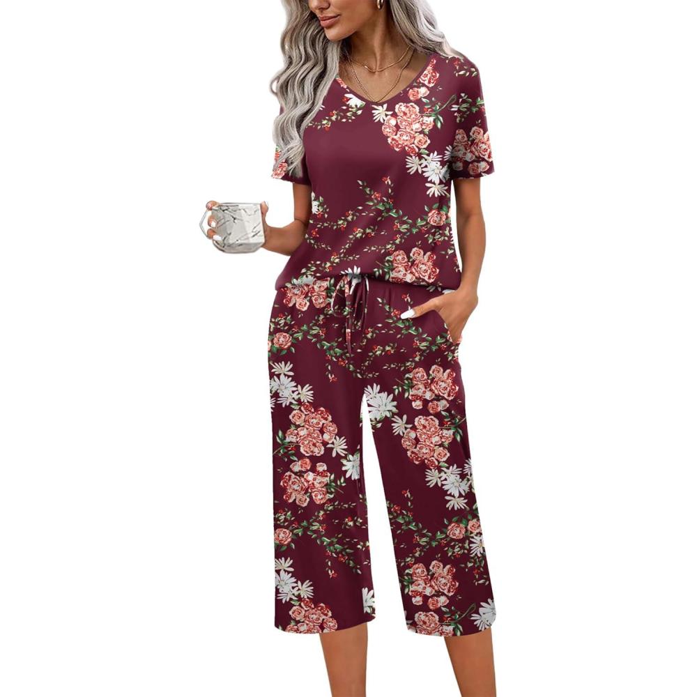 imageEkouaer Womens Pajama Sets Soft Cotton Pj Short Sleeve Top with Capri Pants Sleepwear 2 Piece Print LoungewearSXXLWine Red Flower