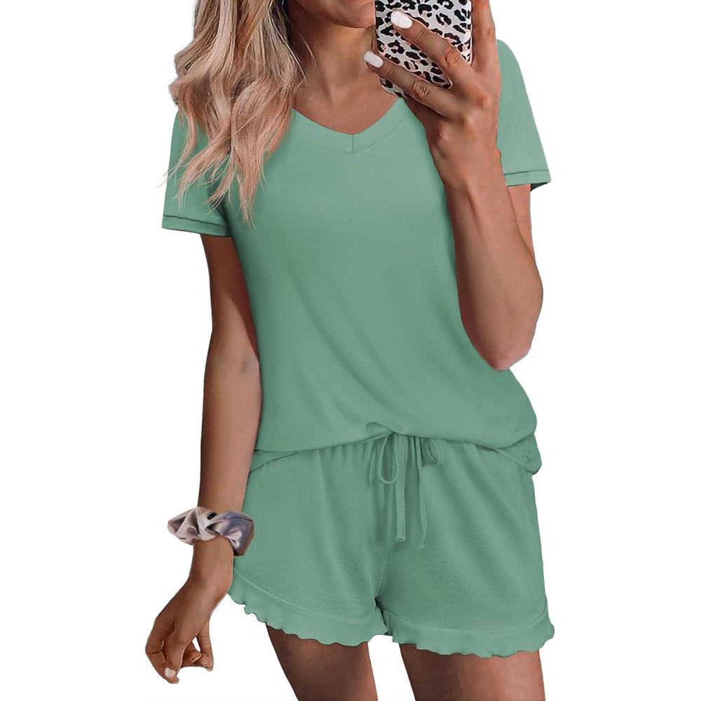 imageEkouaer Womens Pajama Sets Summer Pjs Soft Short Sleeve Sleepwear Comfy Ruffle Pj Shorts Set Cute Lounge Sets with PocketsCeladon