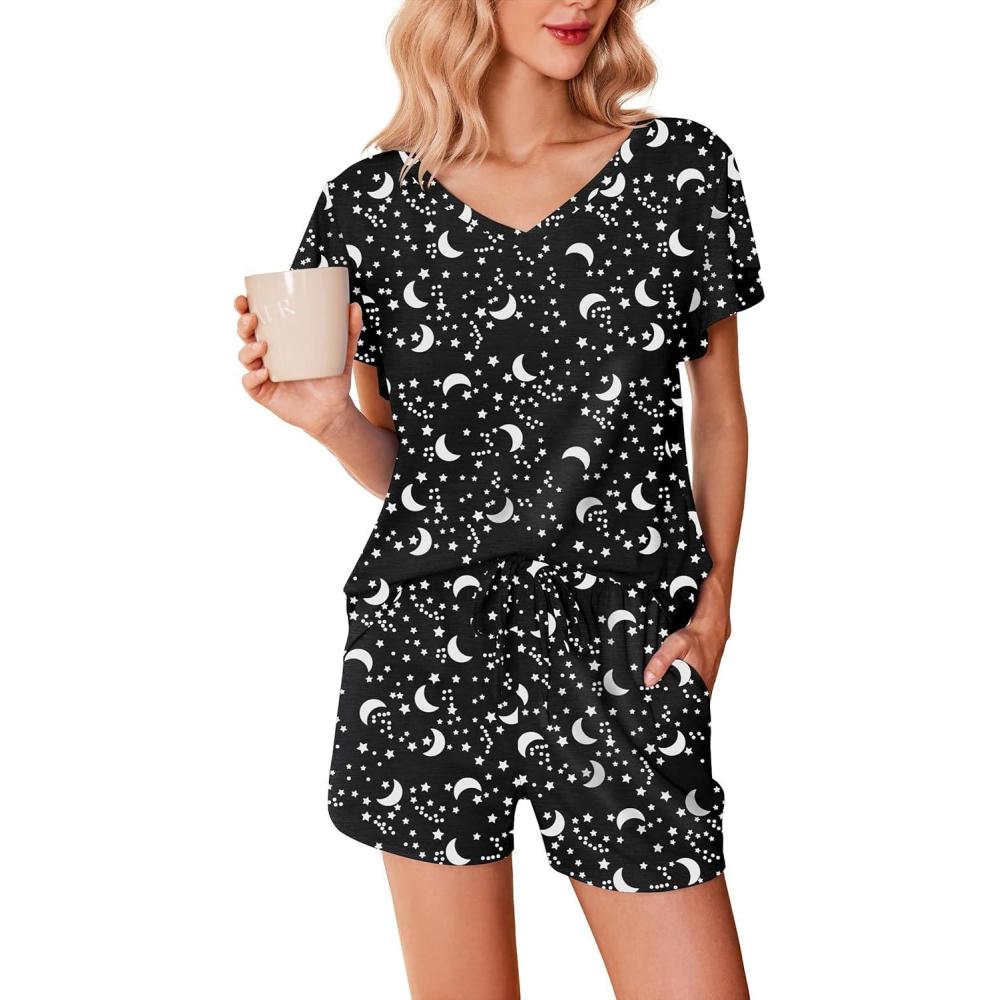 imageEkouaer Womens Pajamas Set Ruffle Sleeves Sleepwear V Neck Comfy 2 Piece Pjs Loungewear Set with Pockets SXXLBlack Star Moon