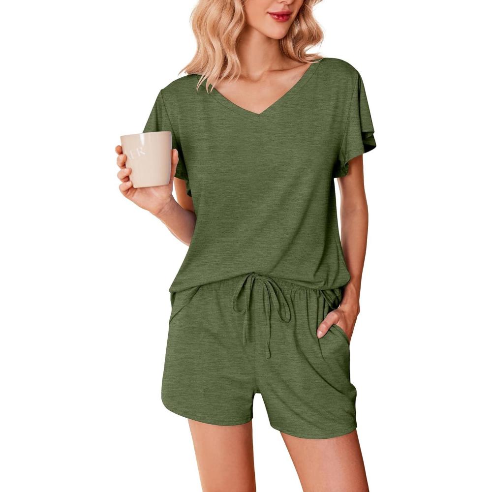 imageEkouaer Womens Pajamas Set Ruffle Sleeves Sleepwear V Neck Comfy 2 Piece Pjs Loungewear Set with Pockets SXXLDark Olive Green