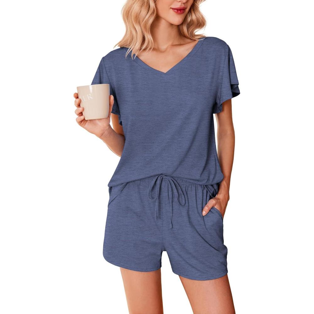 imageEkouaer Womens Pajamas Set Ruffle Sleeves Sleepwear V Neck Comfy 2 Piece Pjs Loungewear Set with Pockets SXXLNavy Blue